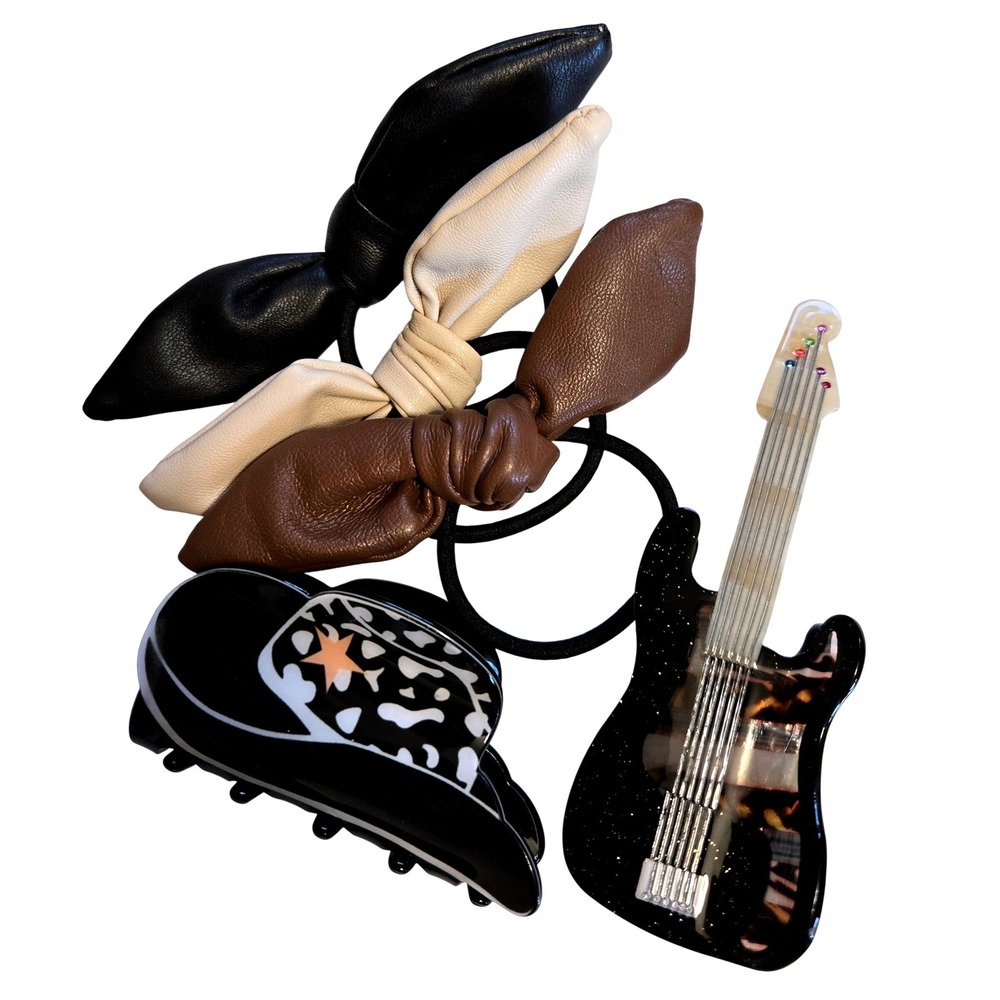 Western Rock Hair Accessory Set Cowboy Hat‎ Guitar Claw Clips Leather Bow Ties